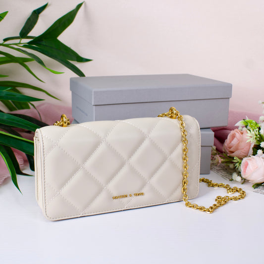 Paffuto Chain Handle Quilted Long Wallet - Cream