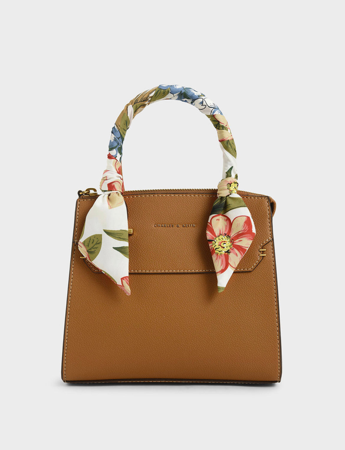 Scarf-Wrapped Top Handle Bag - Camel